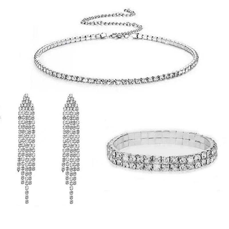 Bride's wedding dress - silver four-row necklace, earrings, elastic wristbands, elastic rings - a set of 4 items