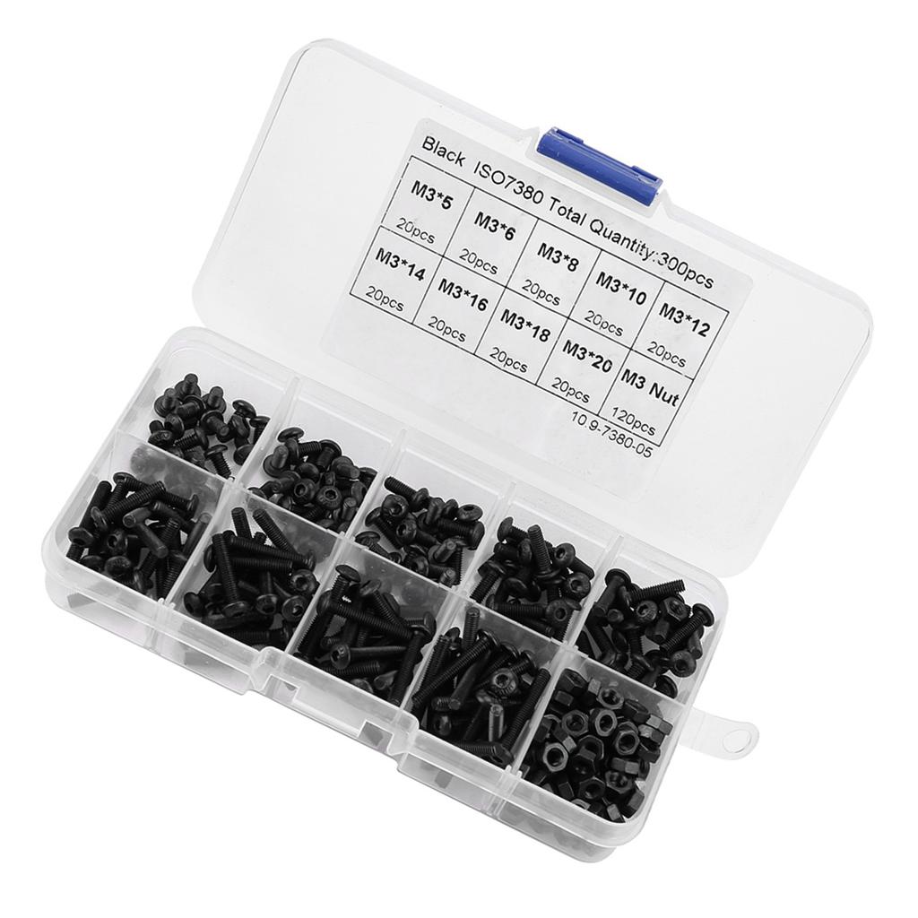 Kit Assortimento Bulloni Vite Dadi Testa Bombata Esagonale M3 Neri Grado 10.9 da 300 Pezzi