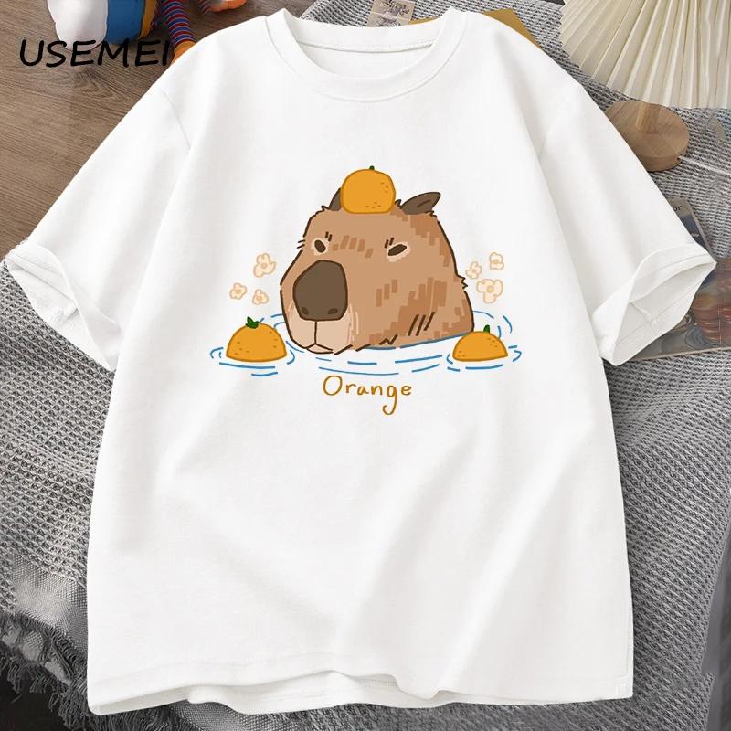 Capybara Swimming with Oranges Tshirts Oversize T Shirt Unisex Cotton Shrot Sleeve Cartoon Animal Tshirt Round Neck Top Clothes