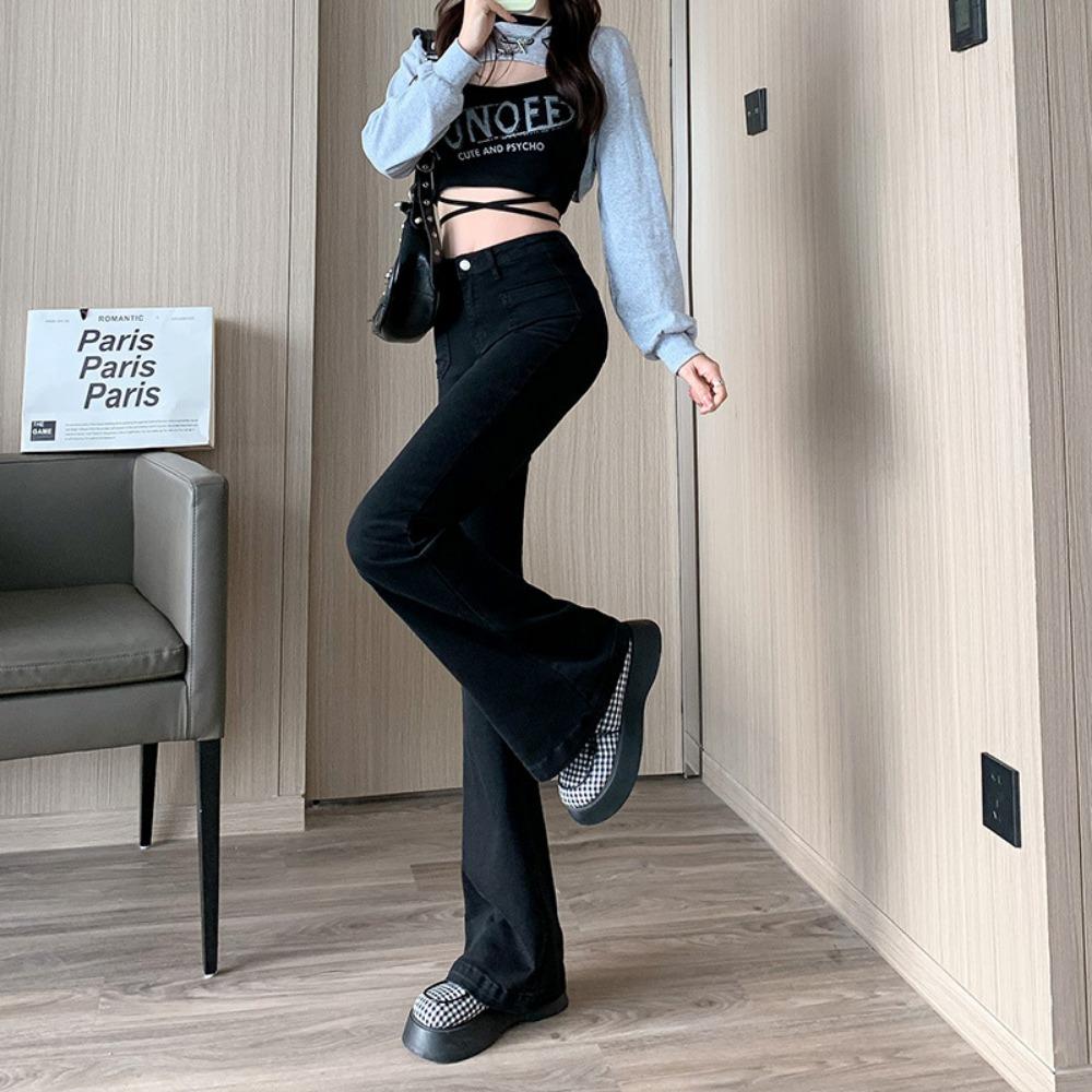 Fashion micro-pull jeans women's 2025 niche design sense high waist slim versatile horn pants
