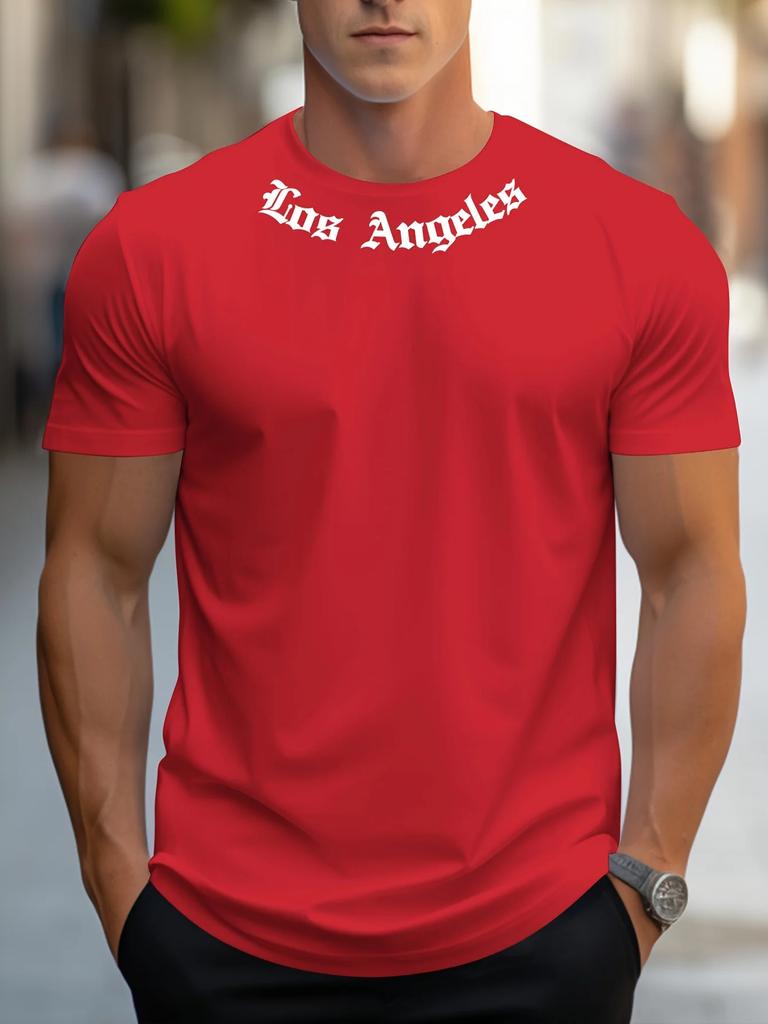 New Men's Summer Loose Size 100% cotton Los Angeles Print slim-fit casual sports crew neck short sleeve T-shirt top