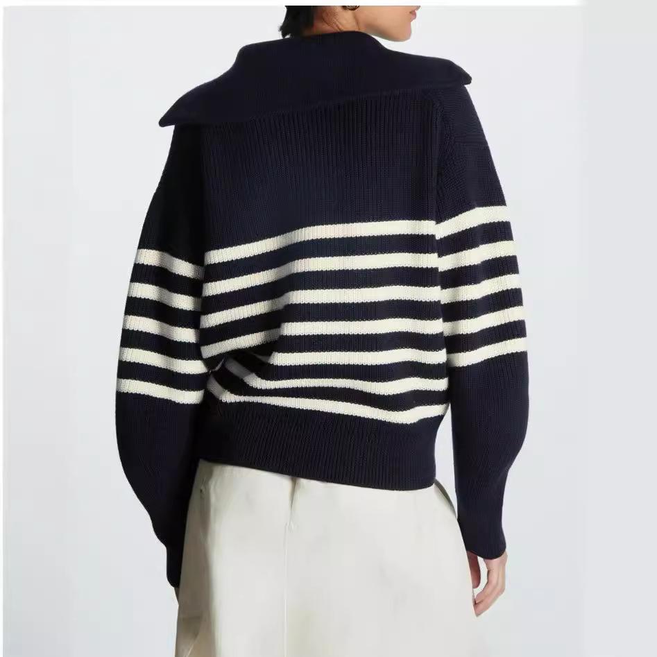Maglieria a righe da donna a collo alto con revers larghi, pullover da donna nuovi semplici con mezza zip, moda casual