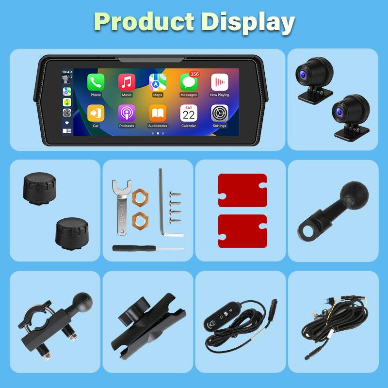6.8 Inch Motorcycle Navigation 2K DVR Wireless CarPlay Android Auto IP67 Waterproof Dual Bluetooth Display Screen Portable TPMS