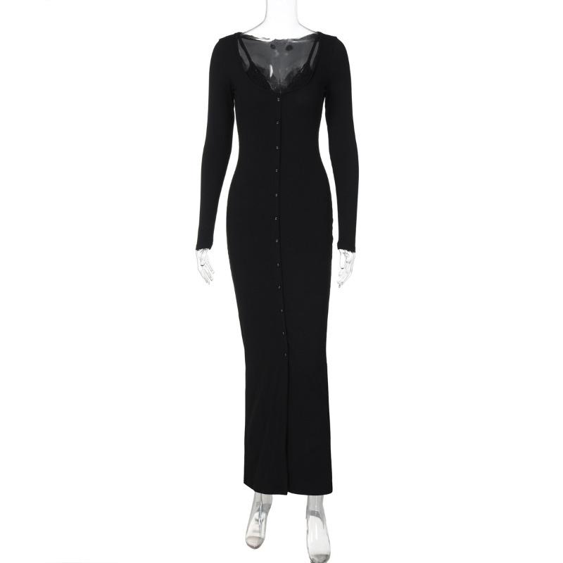 

Женские осенние сексуальные вечерние платья Pure Desire Style с U-образным воротником и подтяжками, облегающие, с длинными рукавами L чёрный