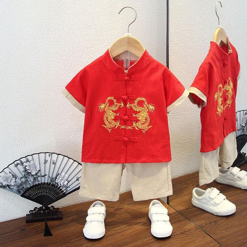 Completo Estivo da Ragazzo a Maniche Corte Stile Cinese per Bambini Hanbok Bello Completo Tang Cotone Lino Sezione Sottile di Abbigliamento Antico