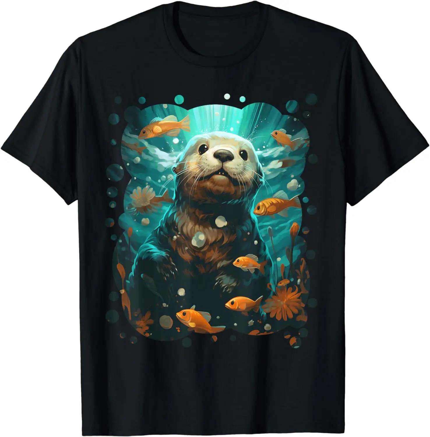

Cute Otter Surrounded by Fish Graphic Cotton TShirt Round Neck Short Sleeve Tee for Unisex Women S