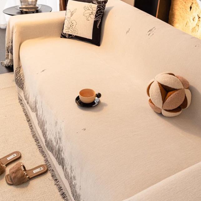 Vintage Chenille Sofa Throw Cover, Reversible Elegant Beige & White Pattern, Tassels Detail, Fits Armchairs To 4-Seater Sofas Couch Covers Reversible