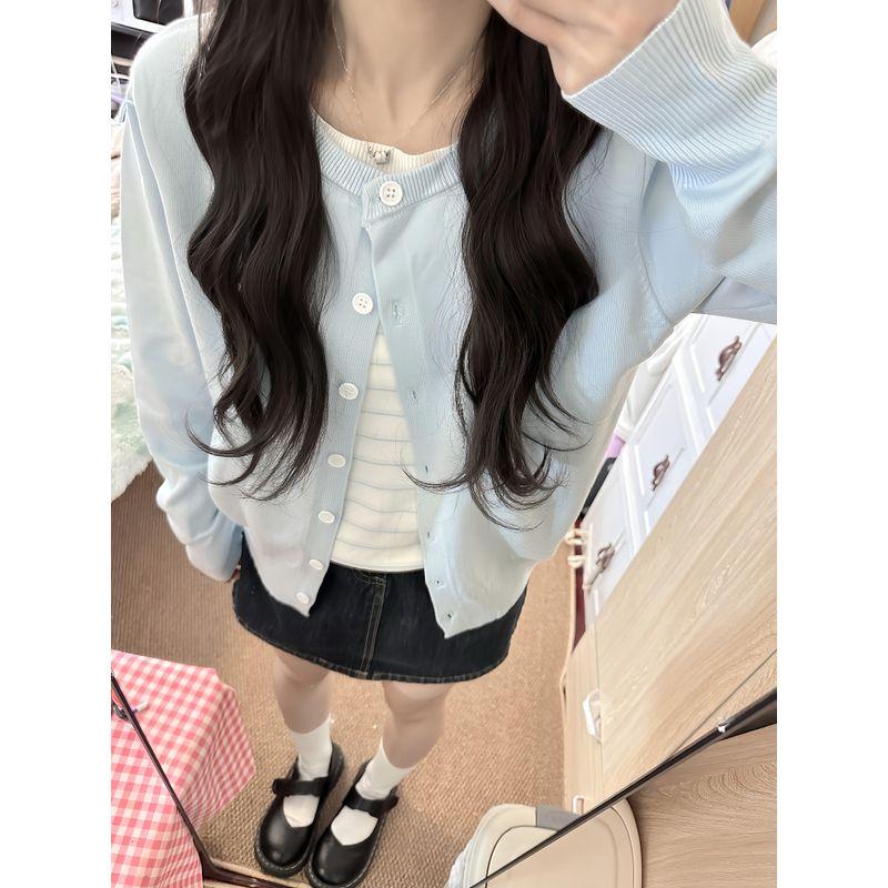 

Spring Wear Chic Korean Series Short Soft Glutinous Blue Knit cardigan Sweater Outerwear Women Gentle Lazy Feeling Top Blue S(Suggested 37.50 kg-47.50 kg)