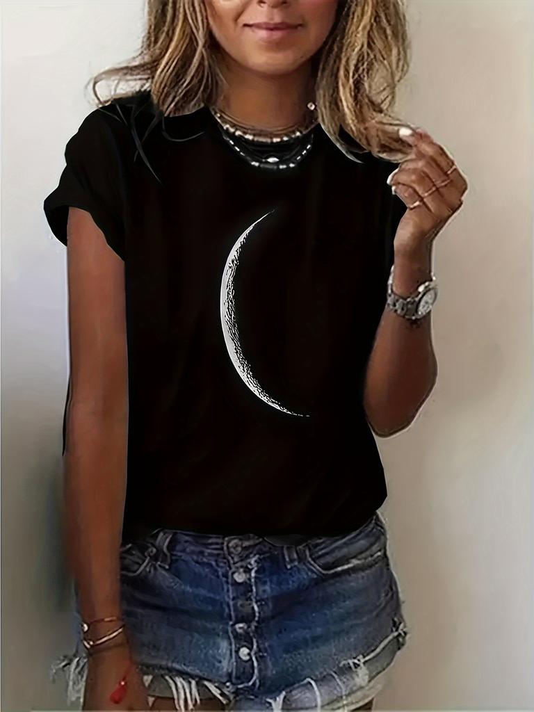 Women's Casual Crew Neck T-Shirt with Crescent Moon Print Solid Short Sleeve Knit Top Y2K Style Moon Graphic Shirt