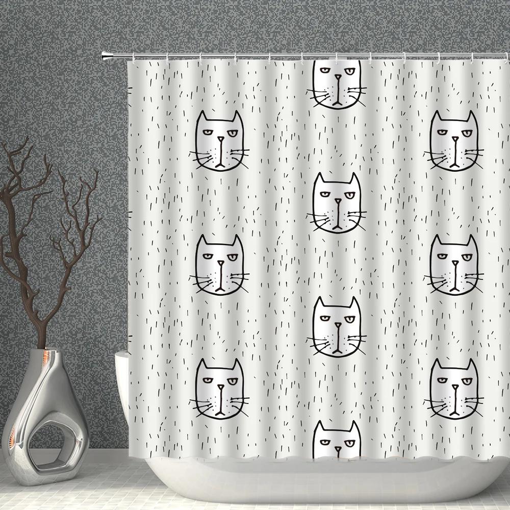 Cartoon Cat White Shower Curtain Waterproof Pattern Print Polyester Bath Curtains Multi-Size With Hooks Bathroom Screen Decor