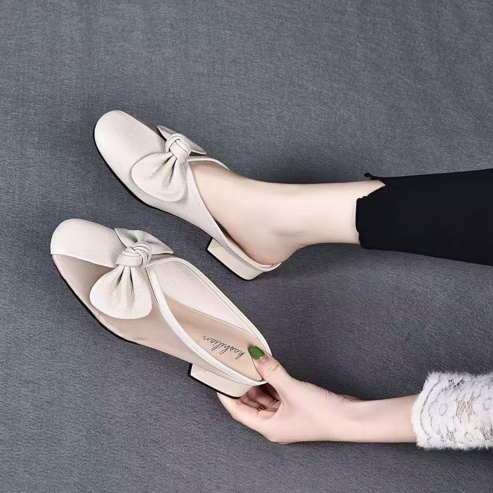 In the Summer of 2025, the New Bag Head Wears Half Slippers, Flat-bottomed Bows, Soft Leather Mesh Yarn, Thick Heels, Women's Shoes, Sandals, Women.
