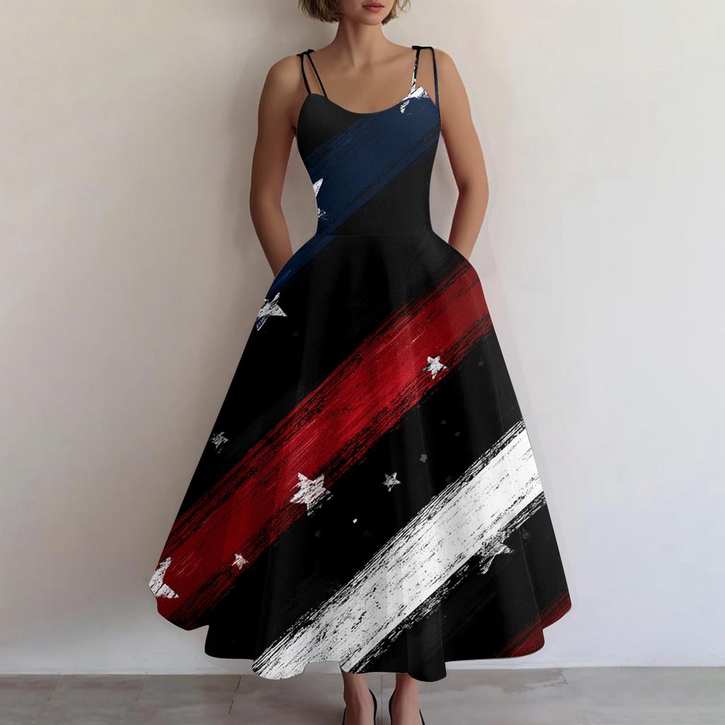 Damen Lässiges Mode Unabhängigkeitstag Druck Schulterfrei Ärmellos Kleid