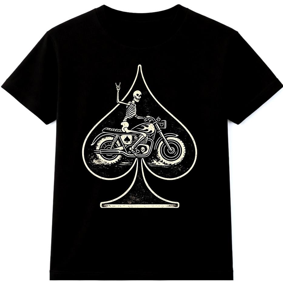 Biker T Shirt Skeleton Skull Spade Motorcycle Poker Casino Graphic Tee L