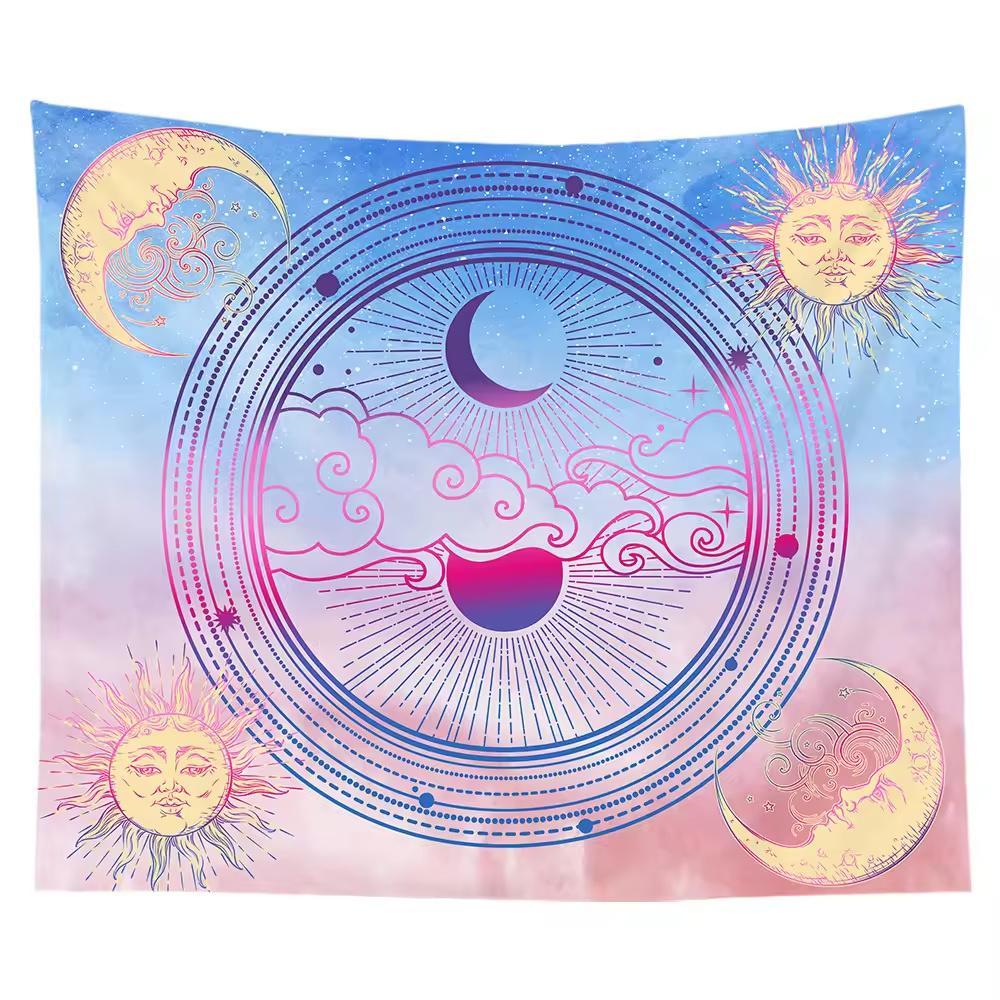 Mandala-Wandteppich Sonne und Mond Wandbehang Psychedelisch Tarot Hippie Wandbehang Raumdekoration Ästhetisches Banner