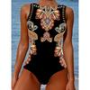 Costume da bagno intero da donna nero con stampa paisley, senza maniche, ad alto collo