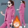 Loose Fit Women Suit 3 Pcs/Set Waistcoat Hoodie Pants Set Zip-up Padded Coat Embroidery Hooded Lady Winter Clothes Long Sleeves Top Elastic