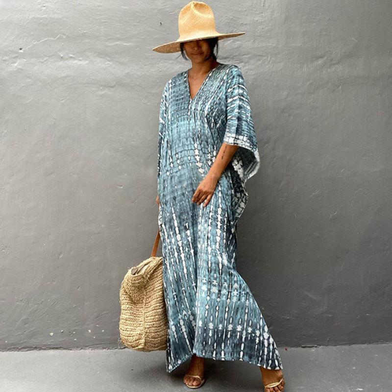 European & American Tie-dye Rayon Beach Dress: Loose, Long Seaside Vacation Robe & Bikini Cover-up with Sunscreen Shirt for Women