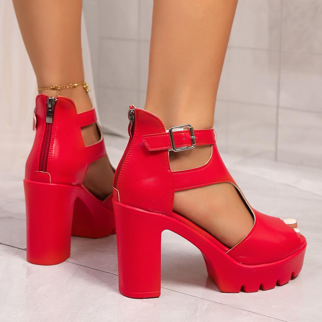 Summer High Heel Sandals Women Plus Size Fish Mouth Shoes Platform Block Heel Cutout