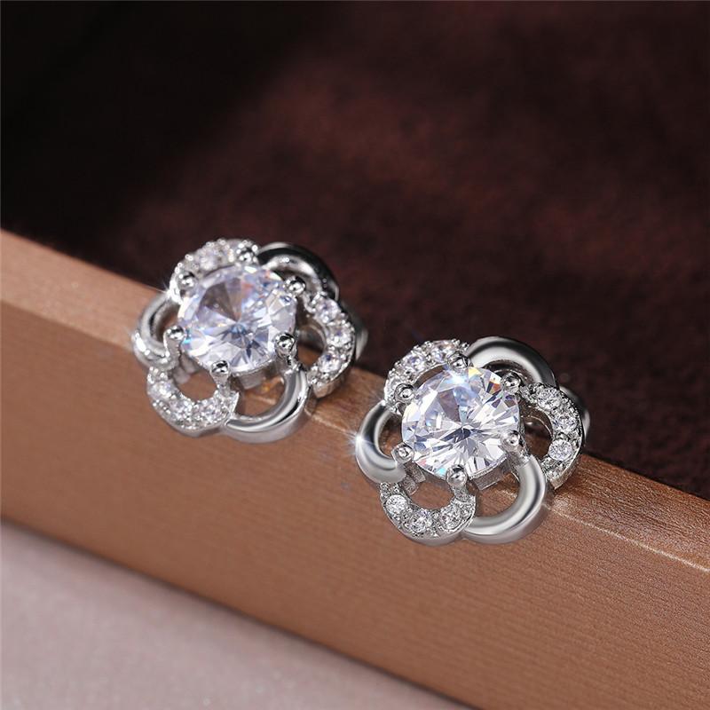 New Silver Color Flower Earrings for Women Inlaid Shiny White Cubic Zirconia Romantic Bride Wedding Ear Stud Fashion Jewelry