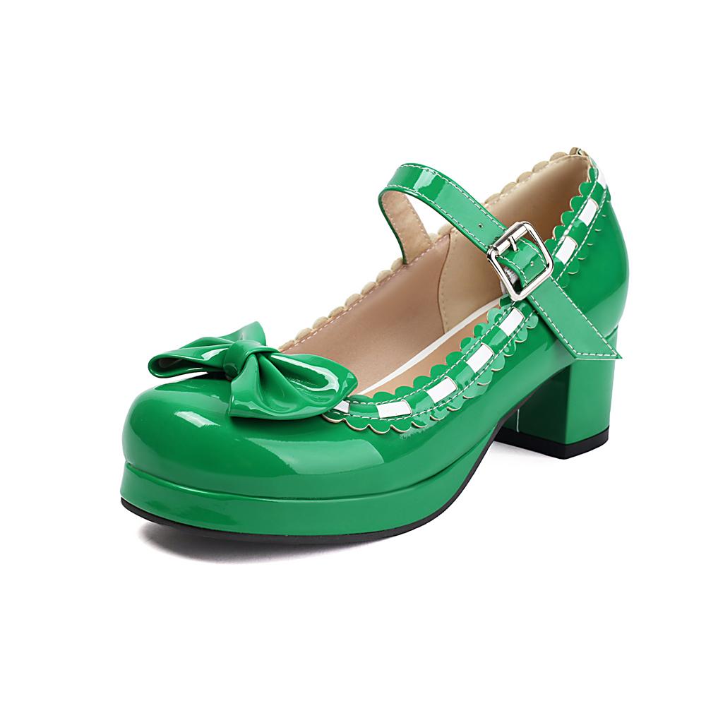 Fashion Size 34-48 Woman Med Heel Lolita Shoes Patent Leather Cute Bow Mary Jane Pumps Bride Wedding Cosplay Party Red Pink Black Green