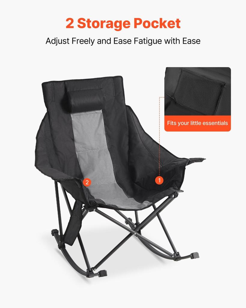 Heated Camping Chair, 3 Heating Settings, Large-Sized Padded Folding Rocker, Heavy Duty Outdoor Lawn Chairs with Pocket & Cupholder, Support 225lbs,