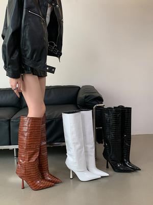 Fashion Pointed Toe Women Knee High Heels 2024 New Arrivals Fashion Thin High Heels Black Brown White Stiletto Party Pumps Chelsea Botas