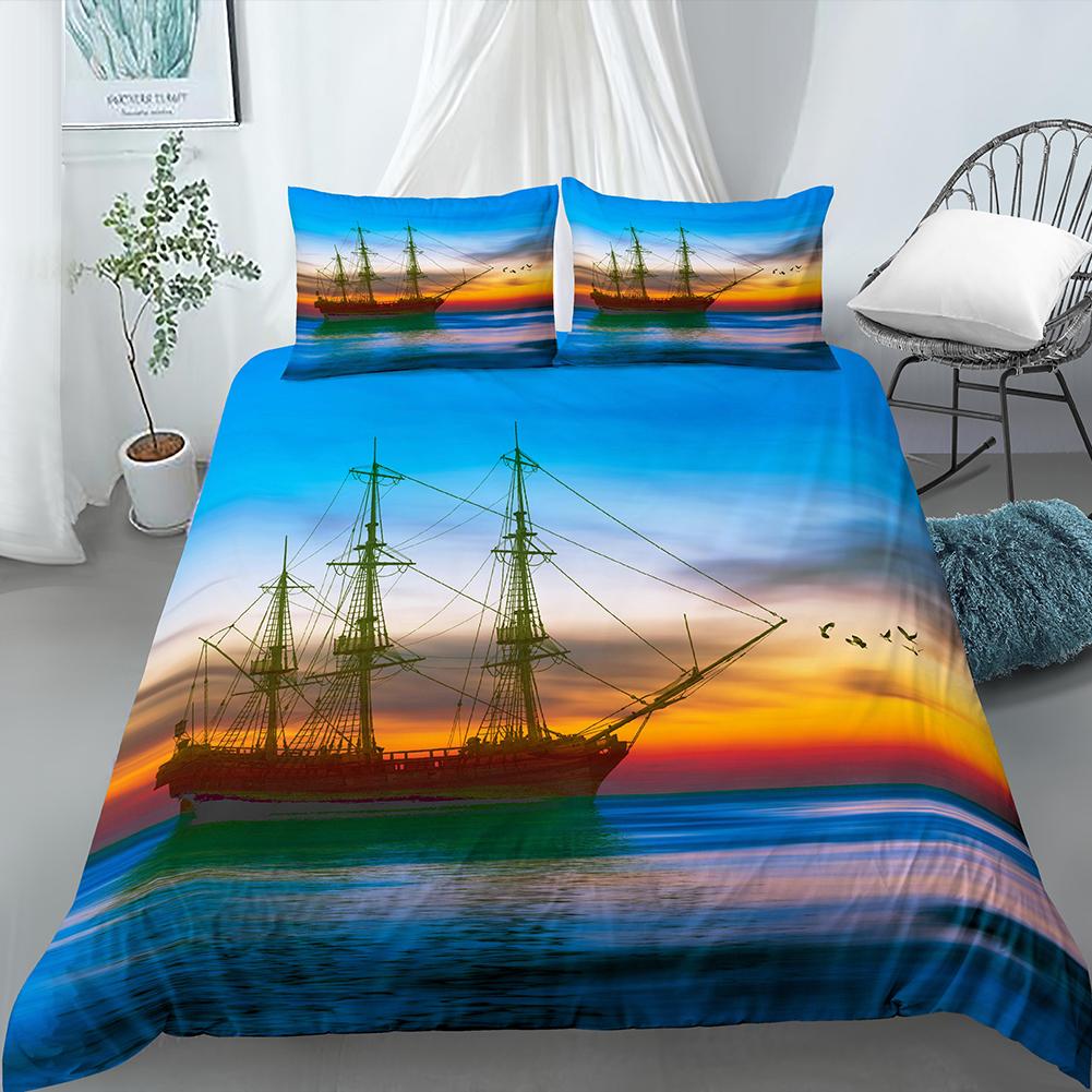 Nautisk Segelbåt Påslakan Queen King Size 3D Oljemålning Båtstil Sängkläder Set Ocean Mjuk 2/3 Delar Polyester Täcke Överdrag