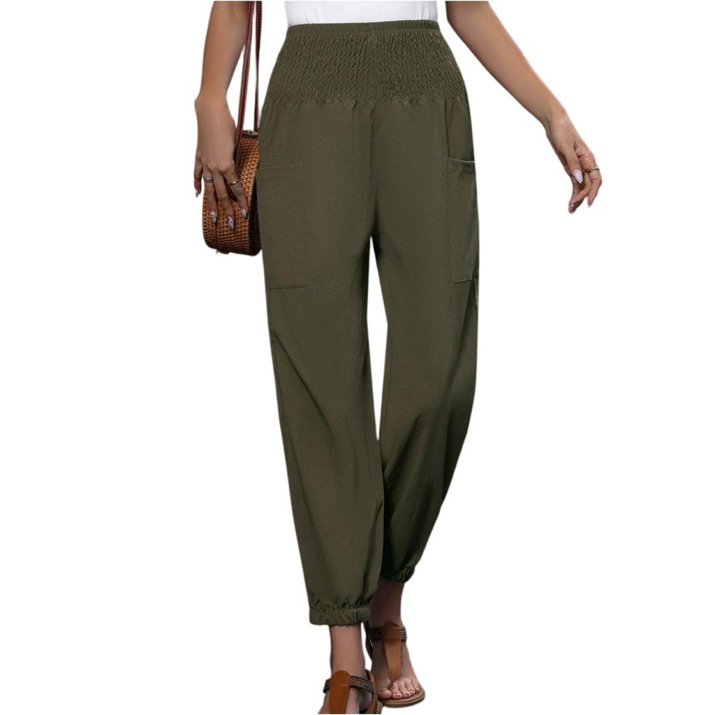 Women's Casual Loose Solid Color Pocket High Waisted Pants, Casual Pants, Leg Binding Pants