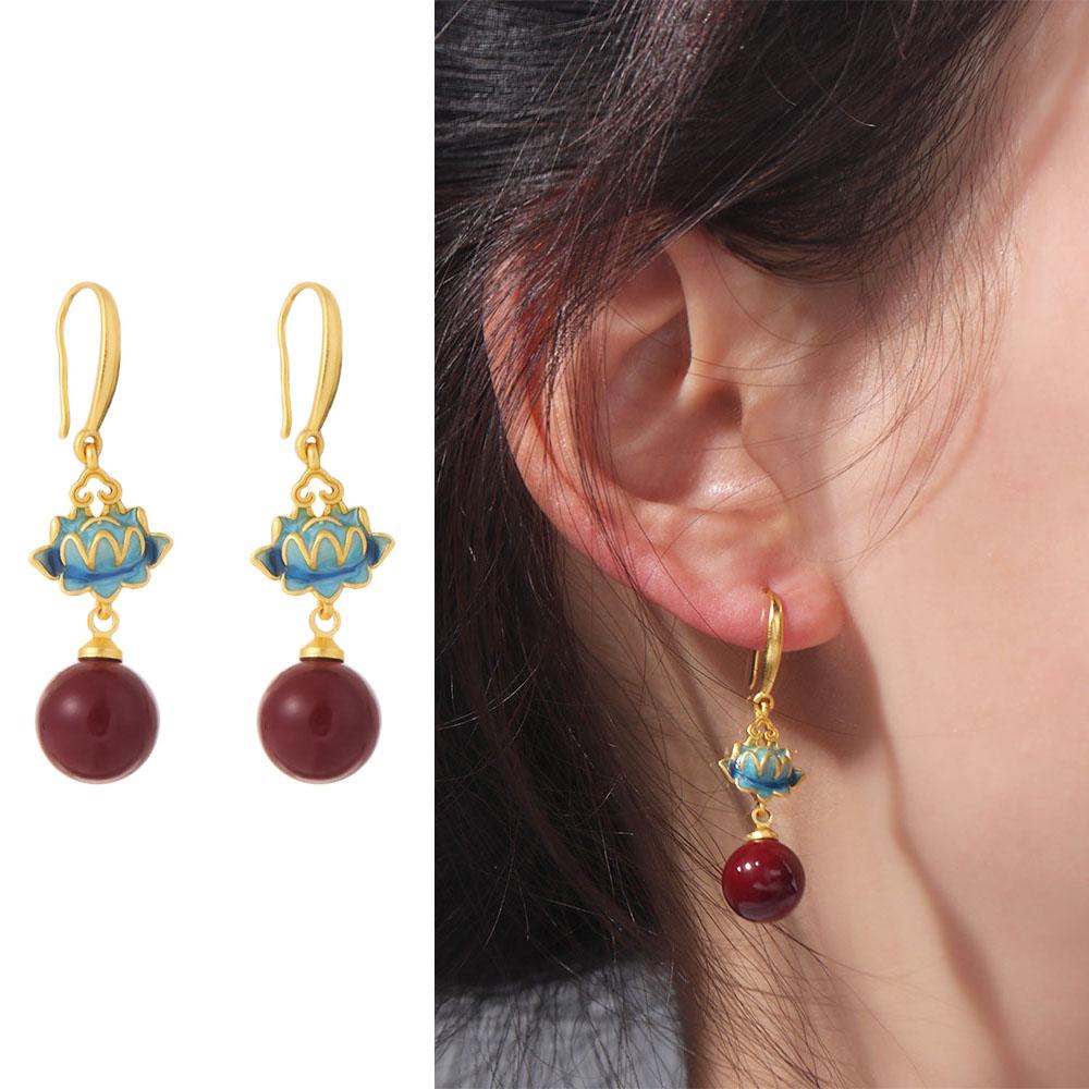 

Enamel Flower Earrings Lotus Red Eardrop Exquisite Chinese Earrings Gift Lotus&Bead