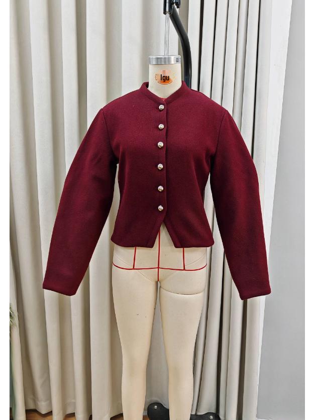 Burgundy Red Crew Neck Single-Breasted Short Coat: European & American Spring Fashion.