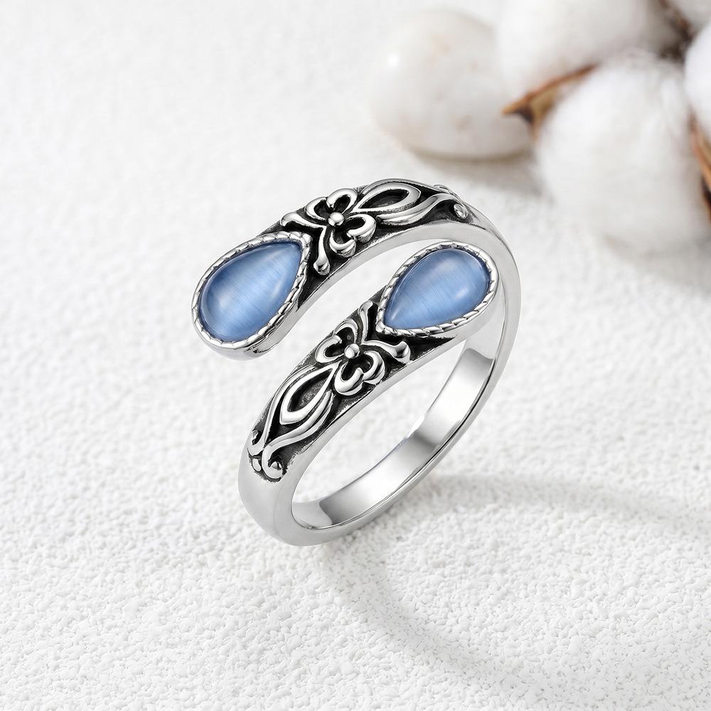 European and American Moonstone Pear-shaped Ring Female Victorian Retro Relief Bow Bosnian Style Ring