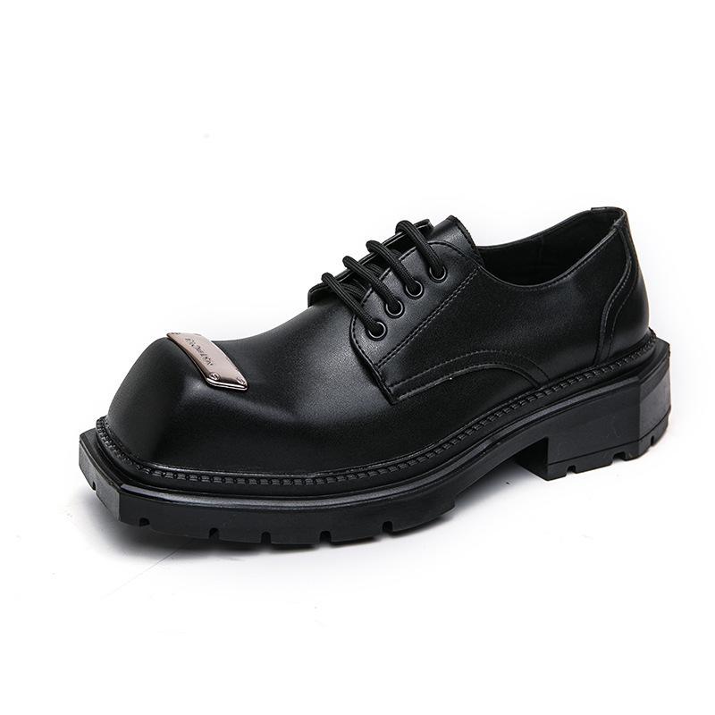 Spring platform business big head leather shoes men's foreign trade fashion lace-up men's shoes heightening black square head leather shoes men's