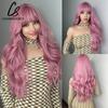 CharmSource Long Natural Wavy Wig with Neat Bangs/Fringe For Women Pink Hair Synthetic Wigs Cosplay Party Heat Resistant Fibre