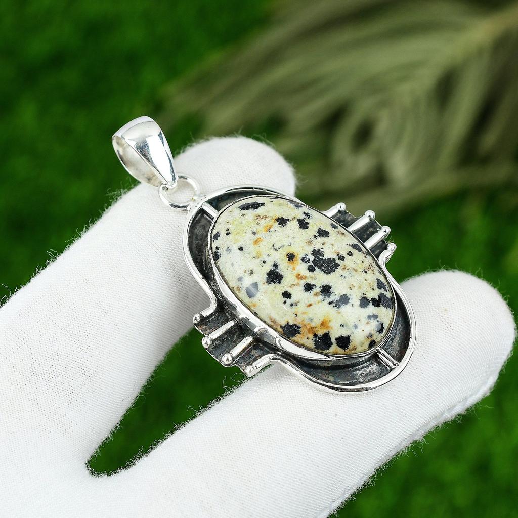 Anniversary Gift For Her Natural Dalmation Jasper Gemstone Pendant 925 Silver