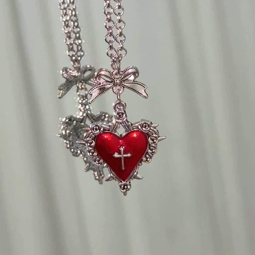 Fashion Bow Heart Pendant Necklace for Women Gothic Red Black Flower Thorn Cross Choker Chains Necklaces Party Charm Jewelry