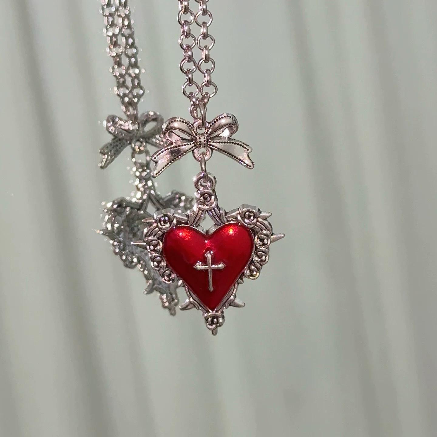 Fashion Bow Heart Pendant Necklace for Women Gothic Red Black Flower Thorn Cross Choker Chains Necklaces Party Charm Jewelry