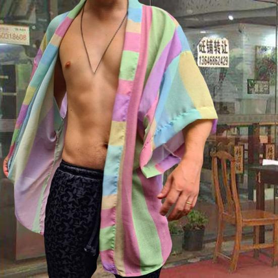 

Мужская рубашка с рукавом три четверти Яркий кардиган с открытой строчкой и принтом контрастных цветов Мешковатая свободная удобная пляжная рубашка Мужская одежда