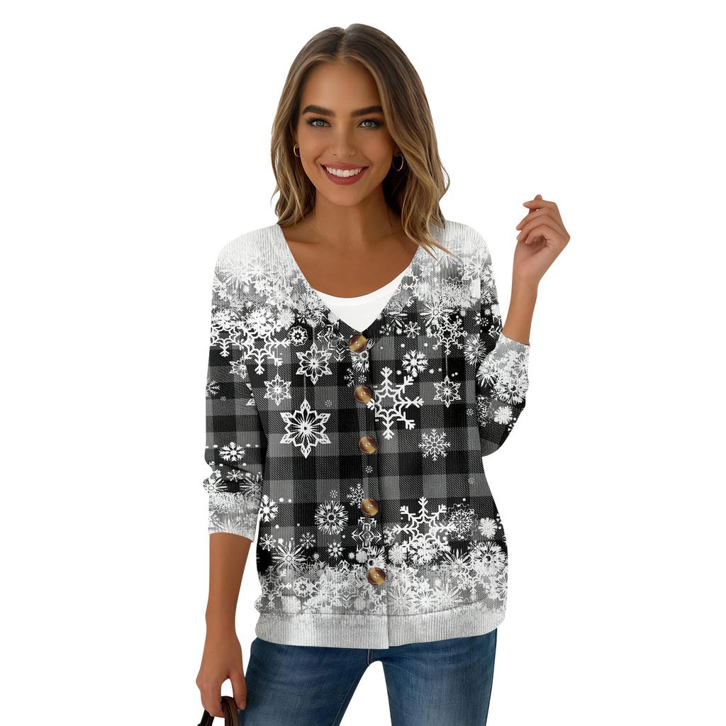 Damemote Langermet Christmas Snowman Snowflake Print Jakke Cardigan