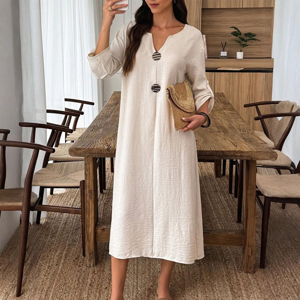 Women's Fashionable Casual V-neck Long-sleeved Color Dress