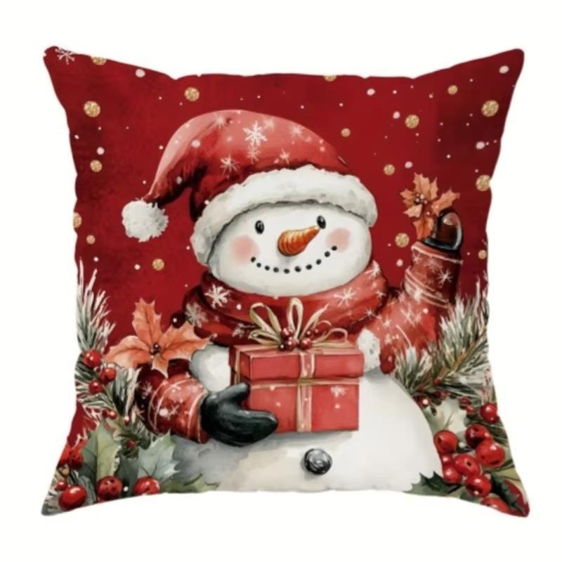 Christmas Pillow Cover, Skin-Friendly, Santa Snowman Wreath Pattern, Holiday Sofa Decor