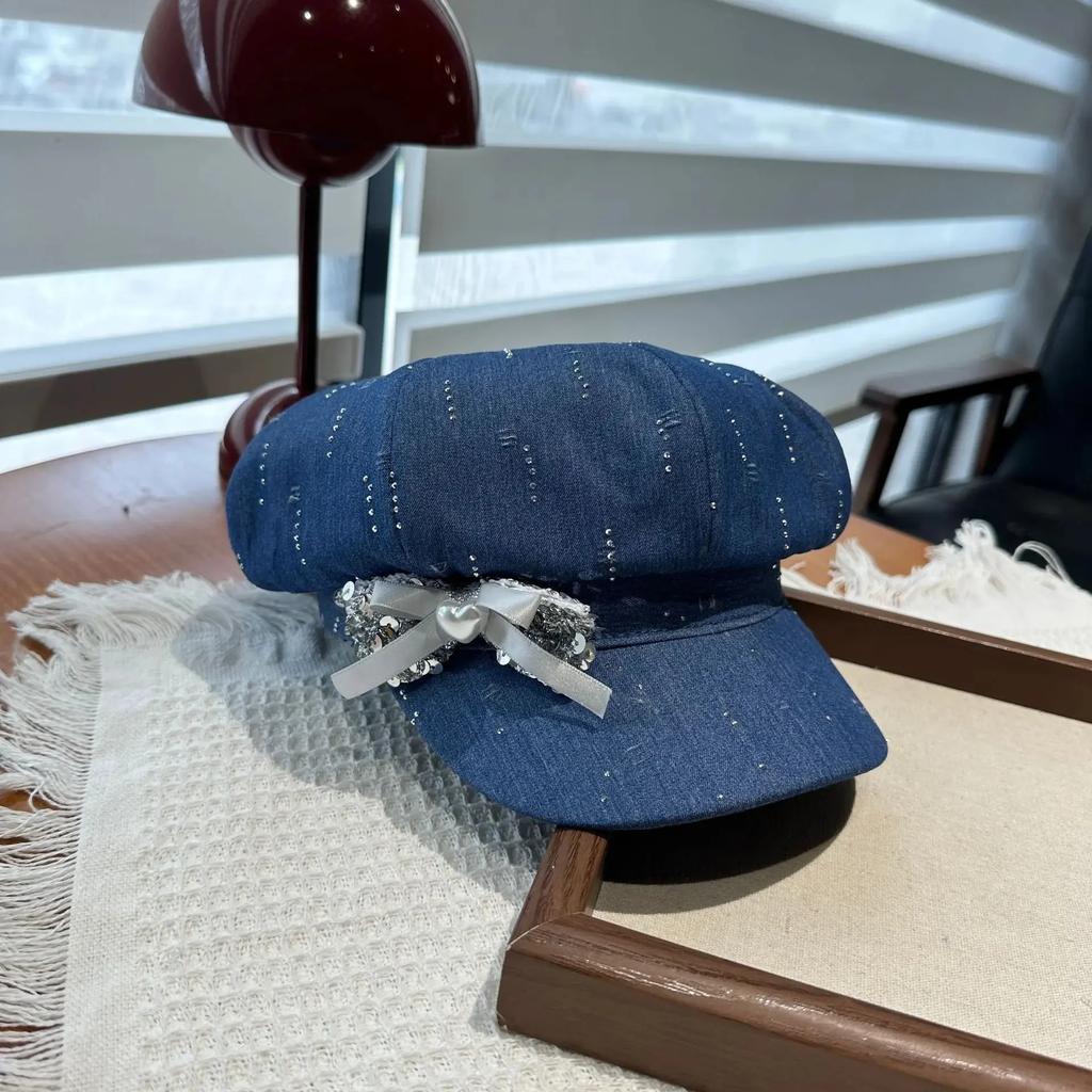Luxurious Rhinestone Embellished Heavy Duty Butterfly Knot Octagonal Hat Women's Spring Summer Unique Vintage Denim Beret Cap