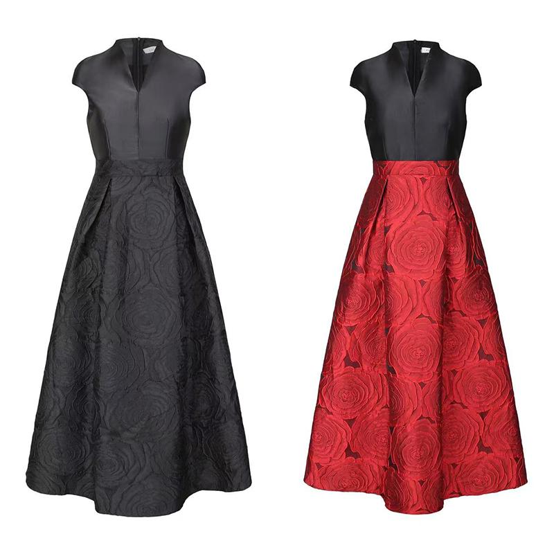 2026 Spring New Arrival Elegant V-neck Red and Black Patchwork Jacquard Wedding Party Dress
