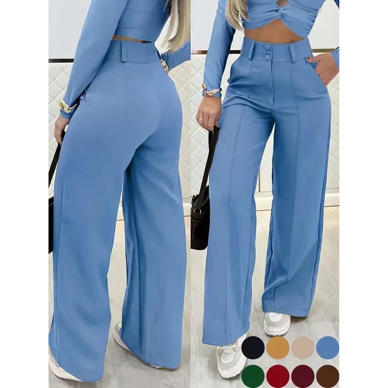 Women's High Waist Wide Leg Pants with Button Detail