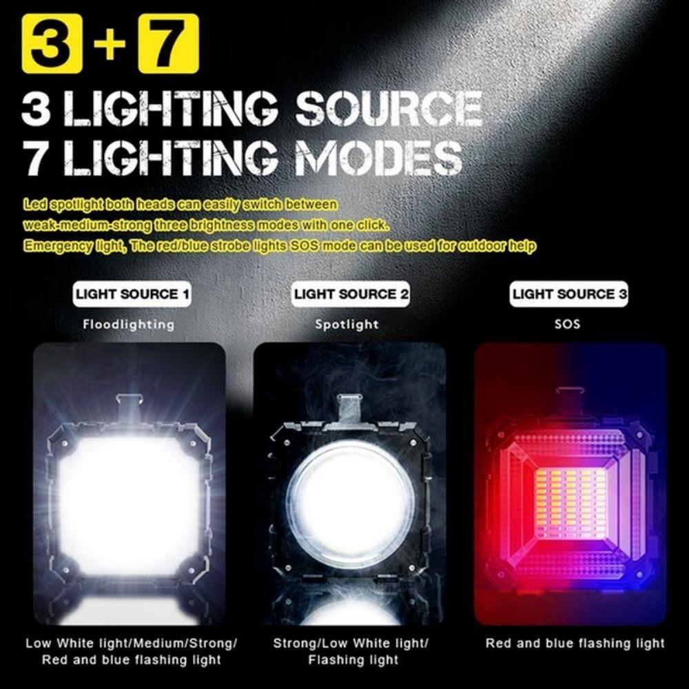 XHP70 Superhelle Doppelkopf-Taschenlampe 200W Wiederaufladbare LED-Taschenlampe Wasserdichte Handheld-Arbeitsleuchte Scheinwerfer Camping