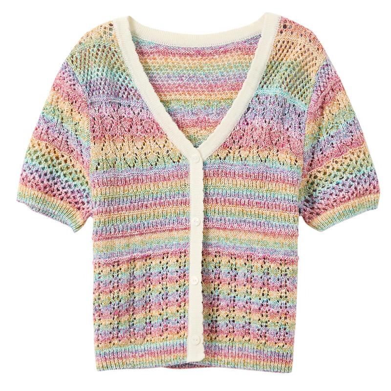 Sancai 2025 Summer Hollow Crochet Rainbow Stripe V-Neck Knit Top