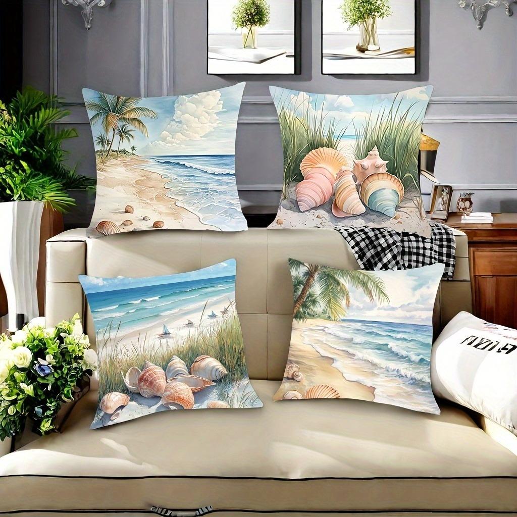 Coastal Beach Watercolor Pillowcase - Seashell & Palm Tree Print Pillow Cover for Sofa Bedroom Living Room