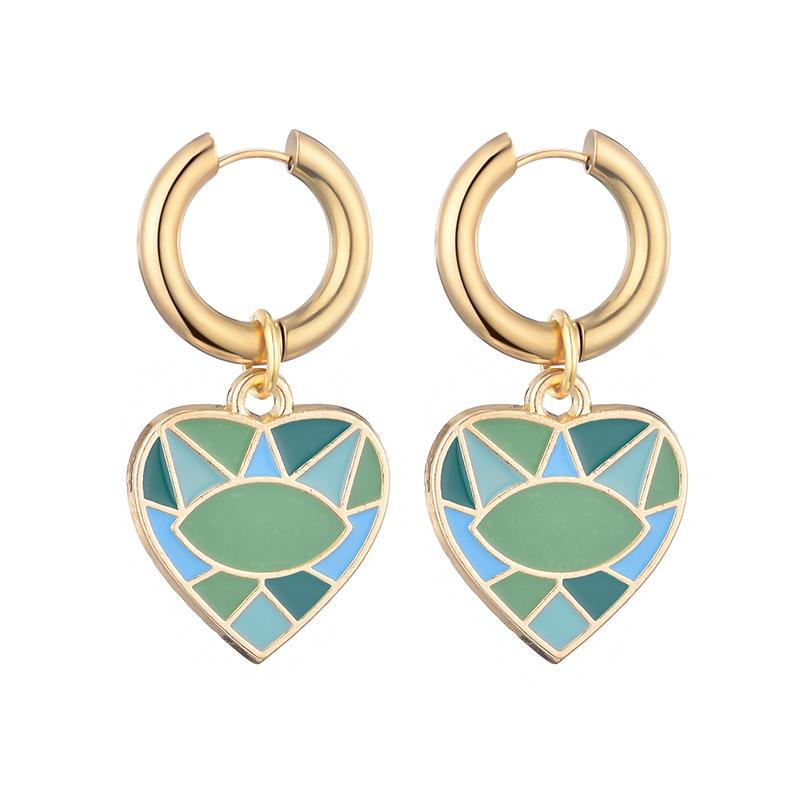 New Colorful Eye Love Heart Stainless Steel Hoop Earrings For Women Vintage Statement Enamel Gold Color Pendant Earrings Zircon