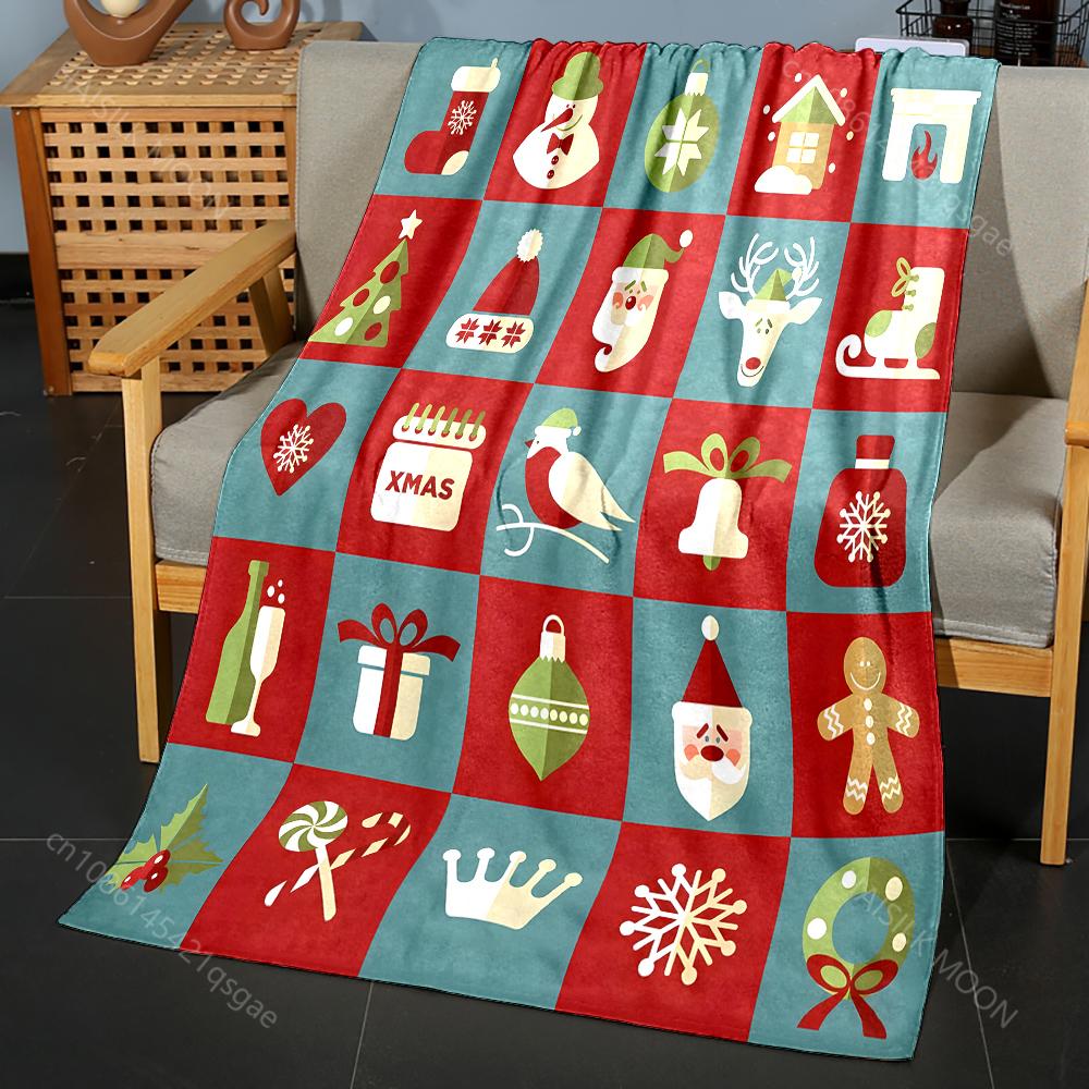 

Christmas-themed Icons in Grid Pattern Blanket Flannel Material Soft Warm for All Seasons, Home Outdoor Camping Picnics RV 75x90cm