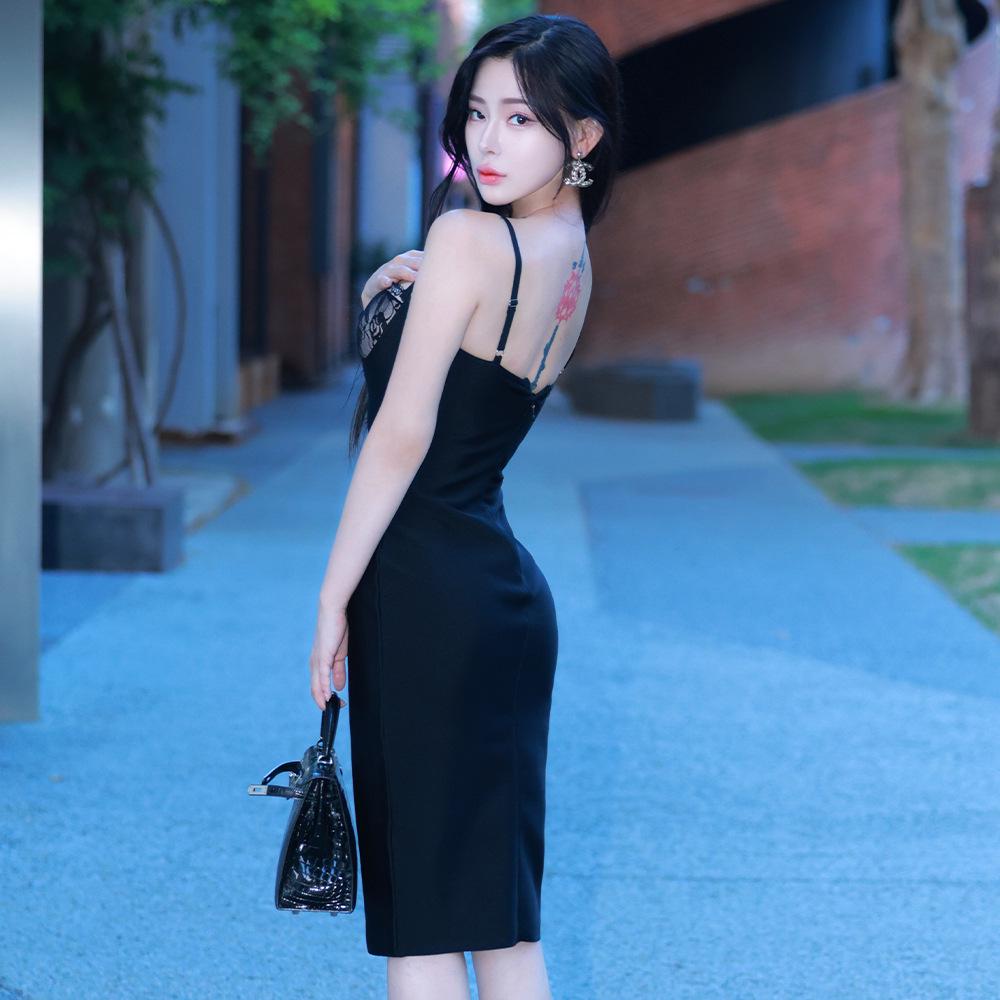 European-American Lace Backless Spaghetti Strap Dress - Sexy Bandage Patchwork Tight-Fit Skirt