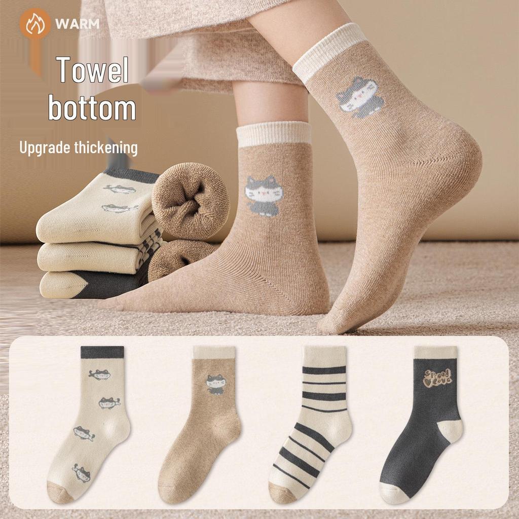 Women's Extra Thick Cat Mid-Tube Terry Socks for Autumn and Winter Warmth